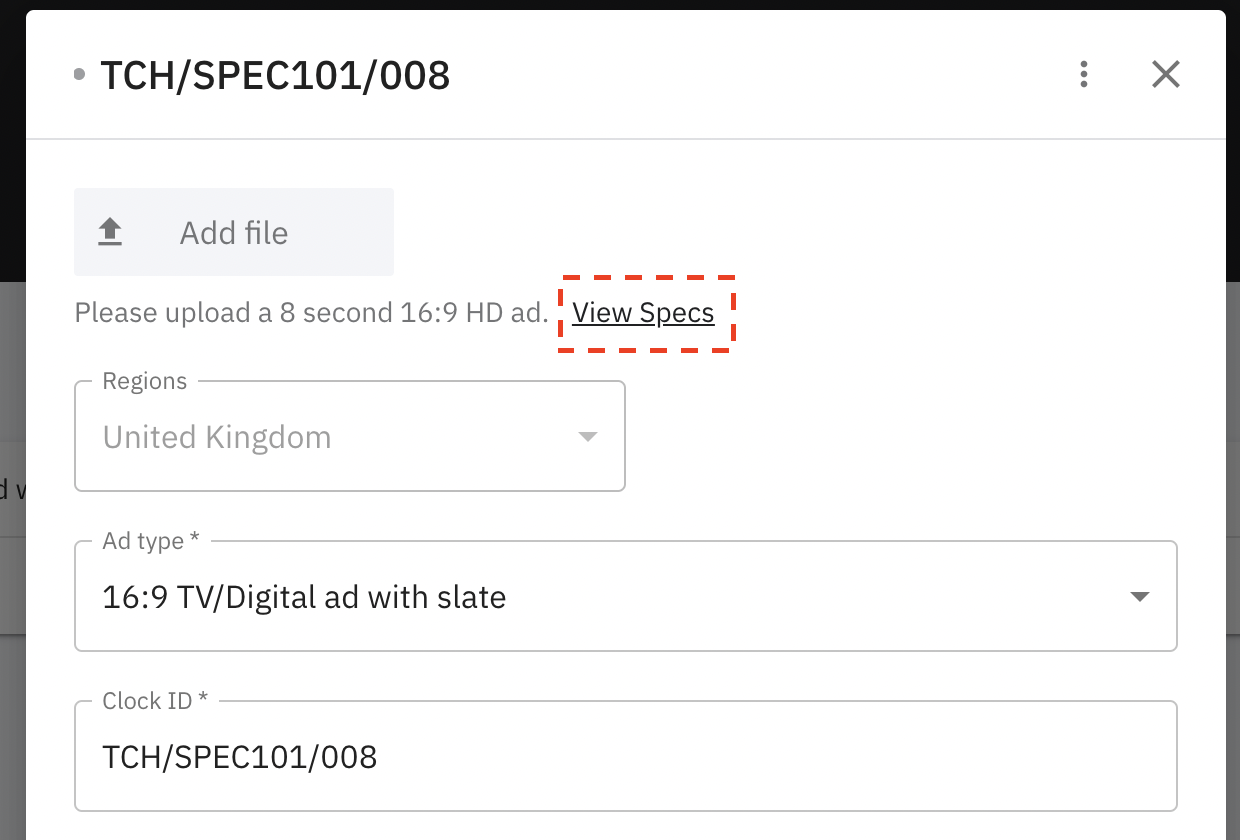 Lien View Specs sous Add file dans la fenêtre Edit Ad